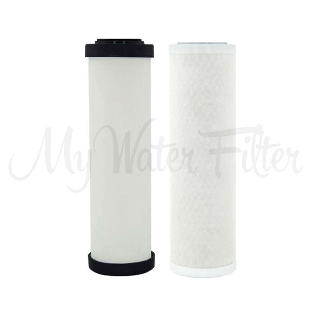 Two Doulton Replacement Cartridge Packs, designed for the Ultracarb 0.5 Micron 10" Twin Benchtop/Under Sink Water Filter, feature black and white caps.