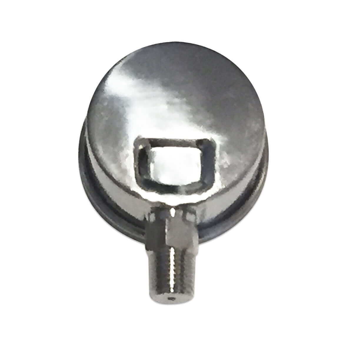 A back view of Water Filter Pressure Gauge featuring a chrome valve cap with a central square hole and threaded attachment at the bottom.