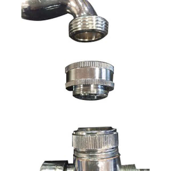 A close-up of a Benchtop Water Filter Diverter Adaptor 3/4" Female to 21mm Male with a faucet on top and diverter at the bottom