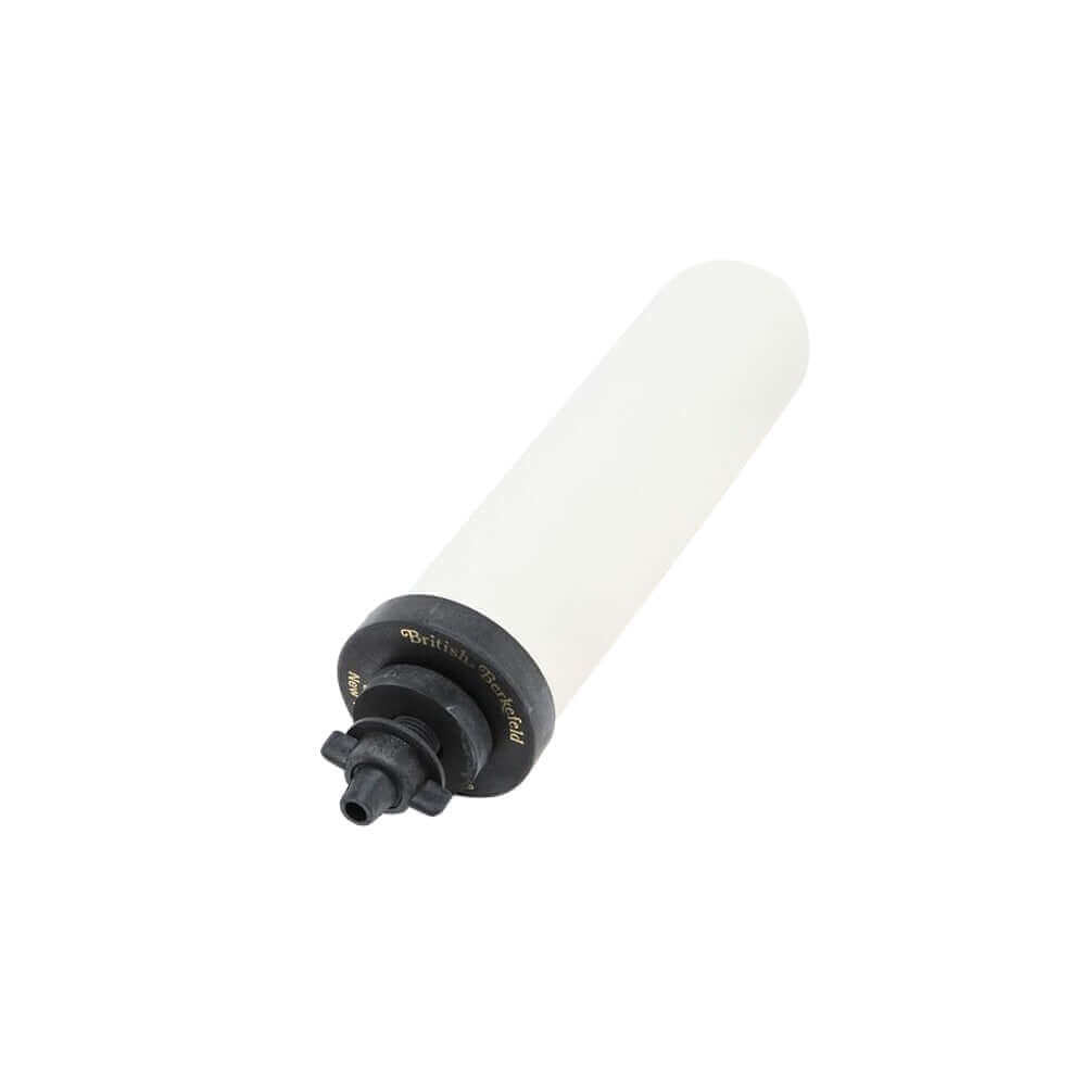 A Super Sterasylª Ceramic Filter 7" by British Berkefeld, featuring a white cylindrical shape with a black cap and nozzle.