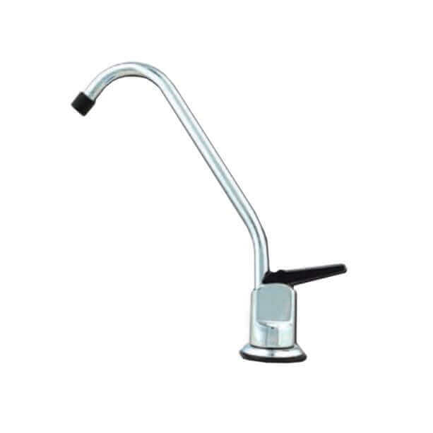 A chrome Black Lever Water Filter Faucet with a long curved spout and black handle.