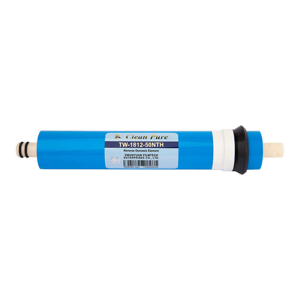 Reverse Osmosis Membrane with a blue color, featuring labels and connection points on both ends.