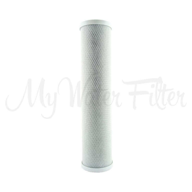 A cylindrical water filter cartridge with a mesh-like texture, labeled "Life in Every Drop 5 Micron Carbon Block Big Blue Whole House Water Filter Replacement Cartridge 20" x 4.5".
