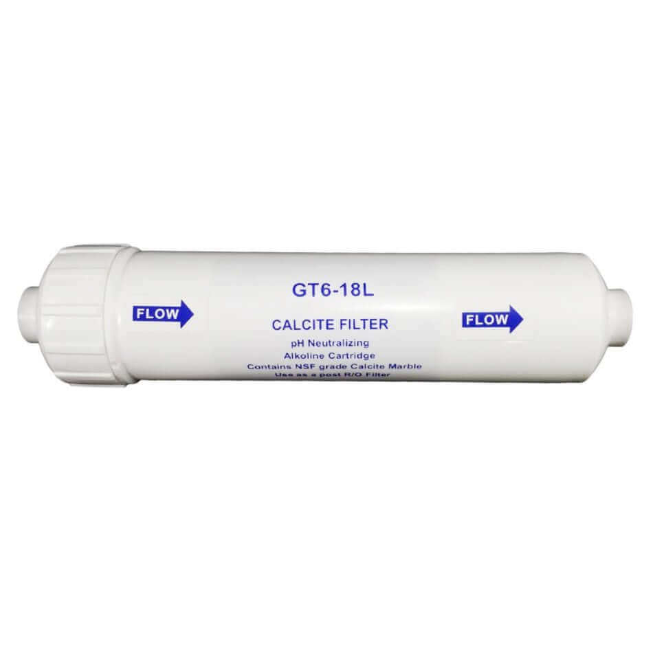 Replacement Cartridge Pack for the 4 Stage Reverse Osmosis Water Filter System with pH Neutralisation includes a white calcite filter cartridge featuring blue text and arrows to show flow direction.