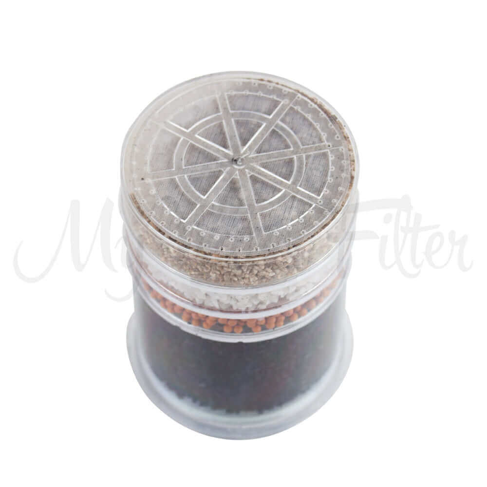 Transparent Carbon Multi Media Water Filter Replacement Cartridge, designed for the 6 Stage Multi Use pH Elevation Benchtop Gravity Water Filter, shows sediment, charcoal and filtration media layers.