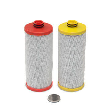 Two Aquasana AQ-5200R cylindrical replacement cartridges, one with red ends and the other with yellow, positioned beside a small coin for scale.