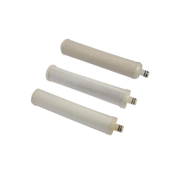 Three AquaPro cylindrical water filter cartridges, in shades of white and beige, displayed vertically; a replacement cartridge pack for the AquaPro Multi 4 Stage Reverse Osmosis Under Sink Water Filter System.