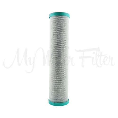 A white mesh cylindrical carbon block cartridge with light green end caps as part of the MWF 20