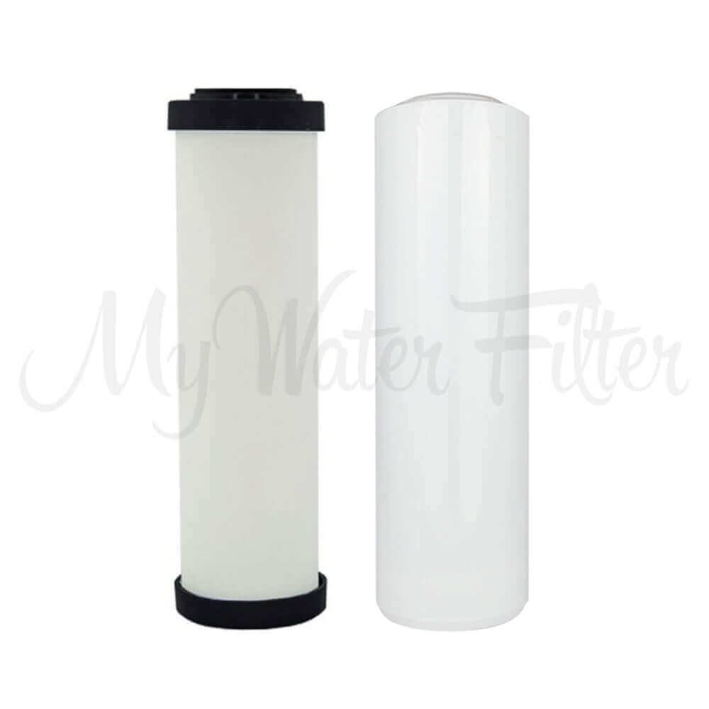 A set of white Replacement Cartridge Pack for the Doulton Ultracarb, with Doulton cartridge featuring black ends an the Alkaline cartridge.