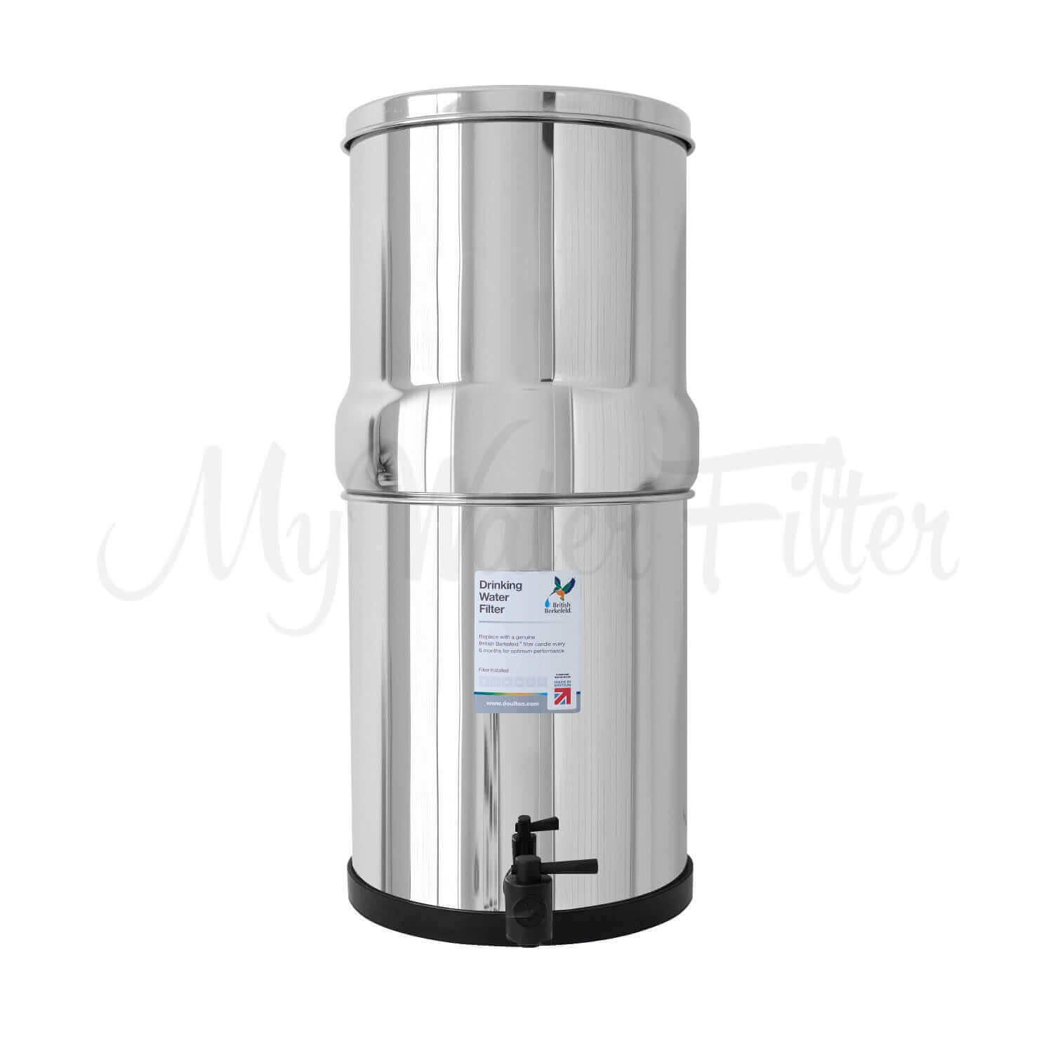 The Doulton British Berkefeld® Stainless Steel Gravity System, featuring Ultra Fluoride Ceramic Filters and a bottom spigot