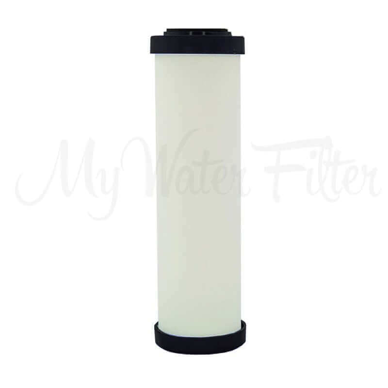 A cylindrical Doulton Ultracarb 0.5 Micron Ceramic Water Filter Replacement Cartridge measuring 10" x 2.5", featuring black caps on both ends and a white body