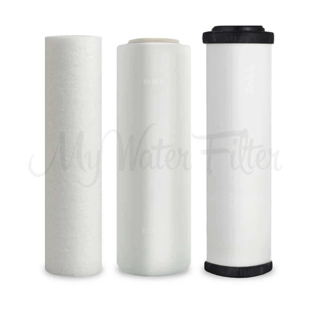 Doulton replacement cartridge pack for the Doulton Ultracarb 0.5 Micron 10" Triple Under Sink Water Filter, includes sediment, fluoride and Doulton Ultracarb filters are vertically lined up