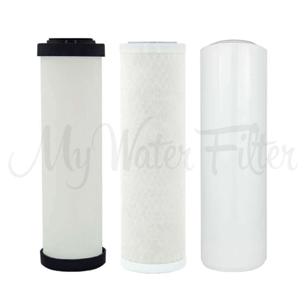Three water filter cartridges including the Replacement Cartridge Pack for Doulton Ultracarb 0.5 Micron 10" Triple Benchtop/Under Sink Water Filter with Alkaline & Double Carbon.