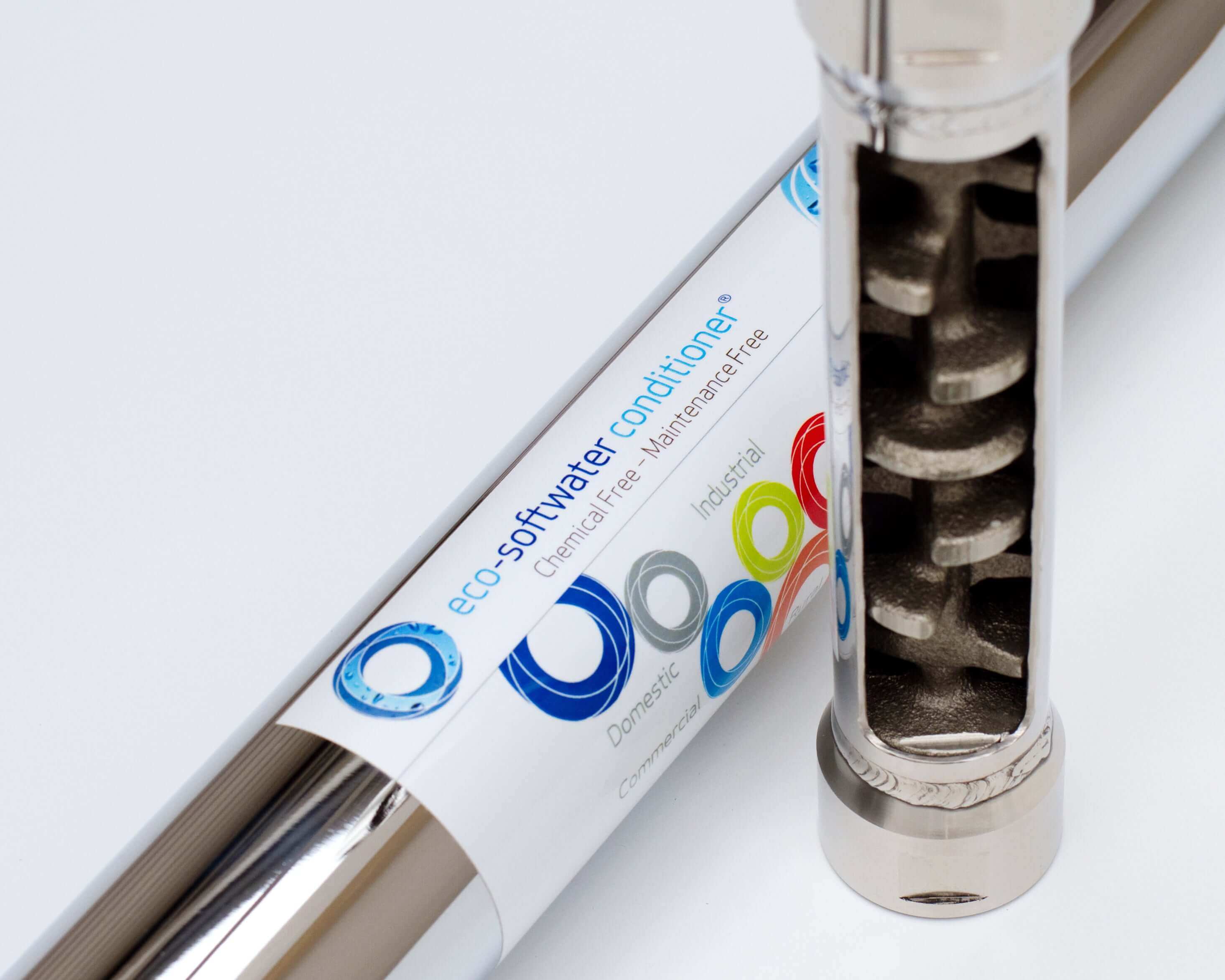Close-up view of the interior part of Ecosoft Eco35 Whole House Hard Water Conditioner, featuring a stainless steel design.