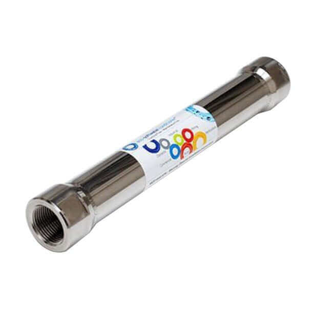 Ecosoft Eco20 Whole House Hard Water Conditioner featuring a metallic device with threaded ends.