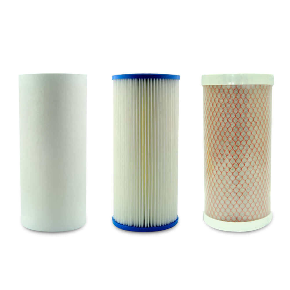 The Replacement Cartridge Pack for the MWF 0.5 Micron 10" x 4.5" Triple Big Blue Caravan Water Filter System includes three cartridges: polyspun sediment, pleated sediment and Aragon cartridges