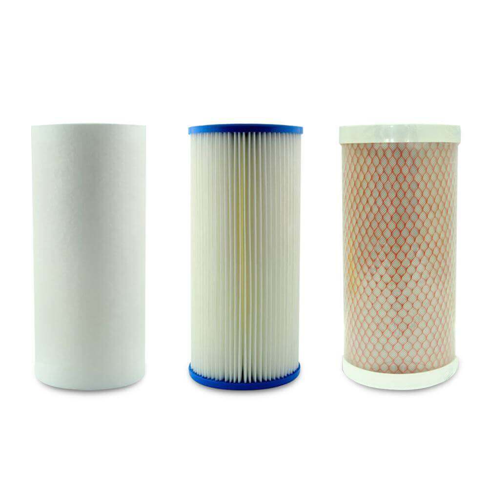The Replacement Cartridge Pack for the MWF 0.5 Micron 10" x 4.5" Triple Big Blue Caravan Water Filter System includes three cartridges: polyspun sediment, pleated sediment and Aragon cartridges