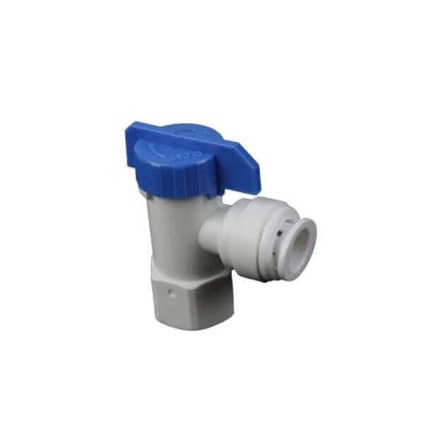 Quick Connect's white plastic valve features a blue lever handle and serves plumbing needs with its 1/4" female thread elbow to 3/8" tube design.