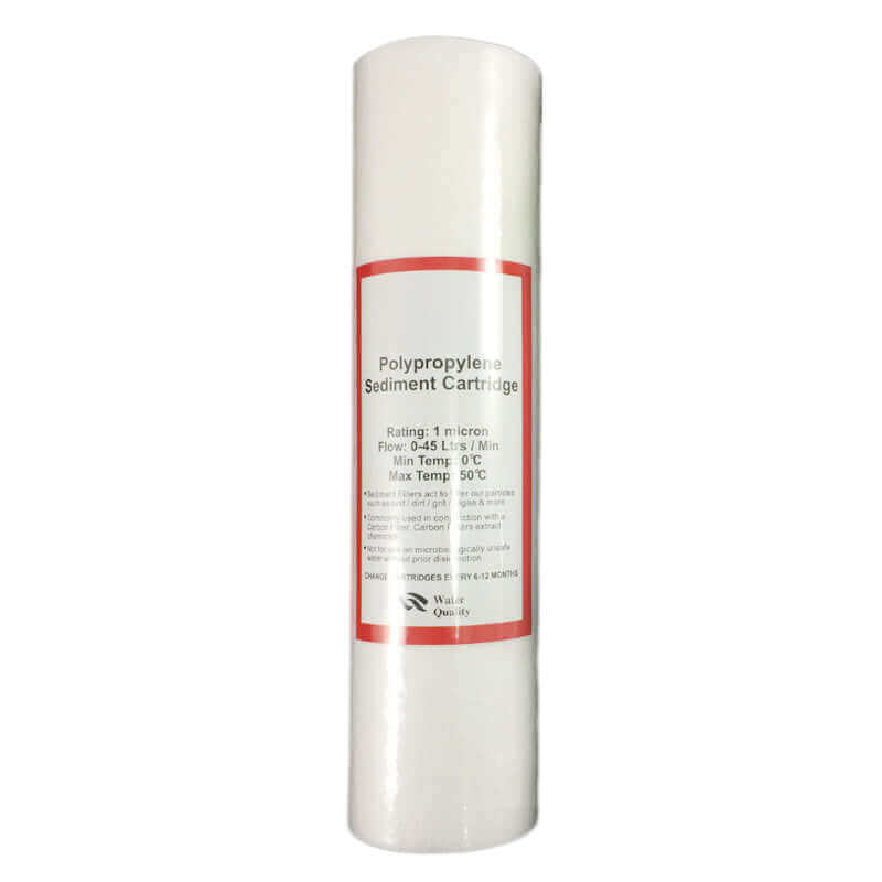 A white polypropylene sediment cartridge in 10" x 2.5" with a red and white label displaying specifications in black text.