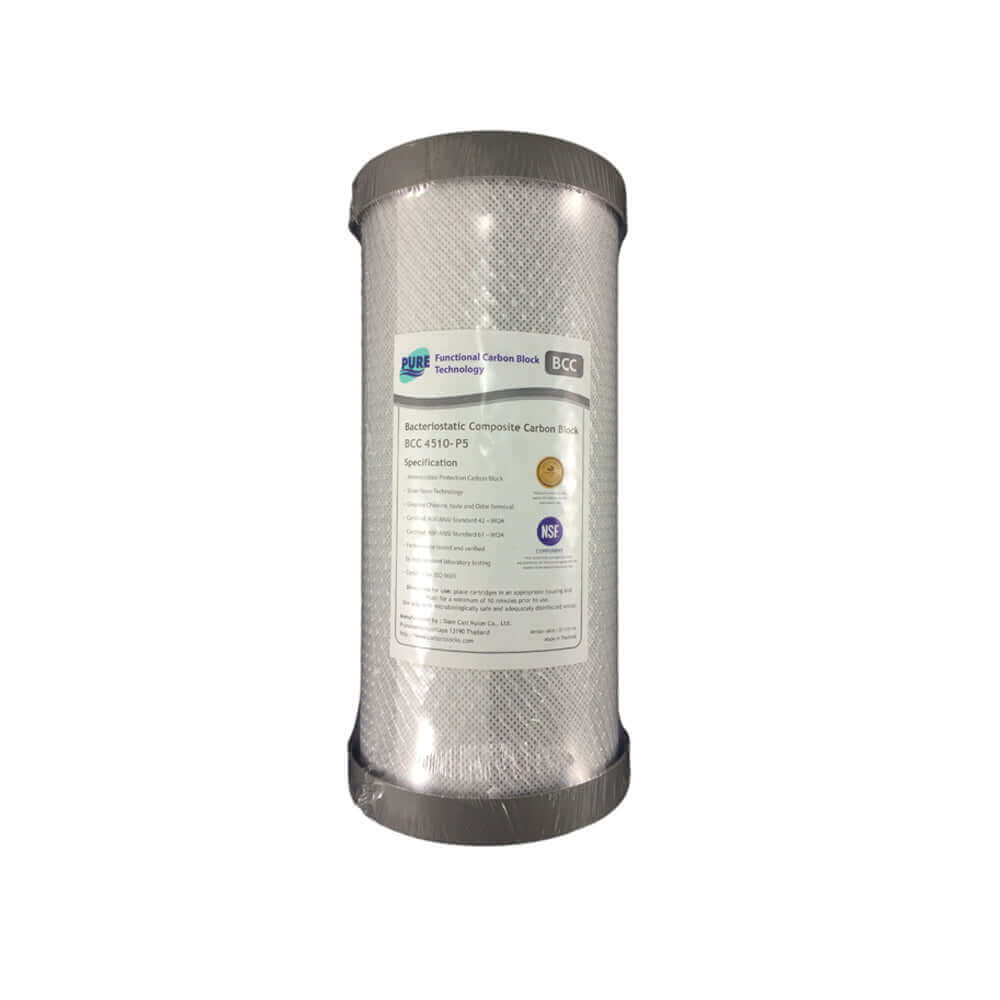 A cylindrical water filter carbon block cartridge from the Replacement Cartridge Pack for HPF 10" x 4.5" Twin Big Blue Whole House Water Filter System, packaged in white with the High Performance Filtration specifications printed on the label.