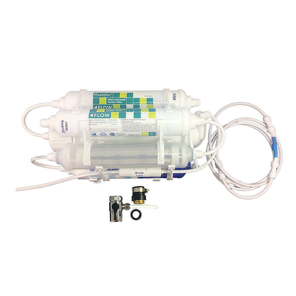 A top-down view of the 6 Stage Portable Reverse Osmosis Water Filter System with Alkalising Filter showcases multiple cylindrical cartridges and connected hoses.
