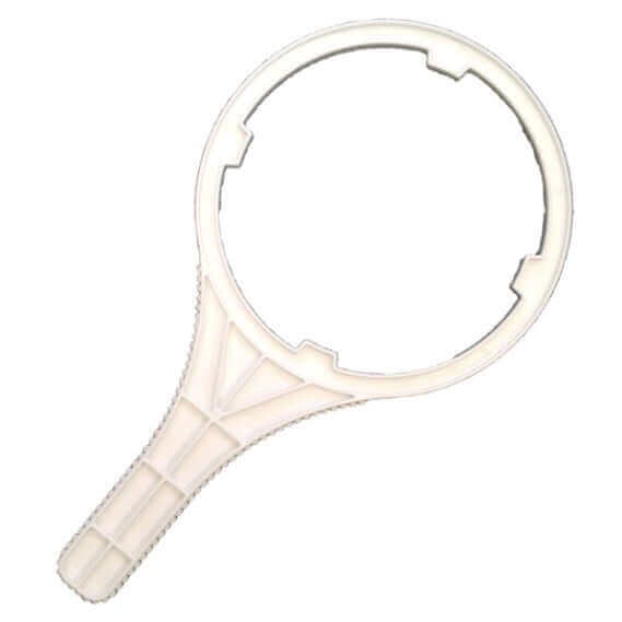 White plastic wrench designed for tightening/loosening a 10" x 4.5" Single Under Sink Water Filter Housing.