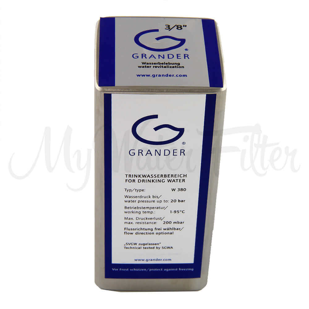 The Grander 10mm Unit Under Sink System features a rectangular design for water revitalization with a blue and white label, suitable for drinking water.