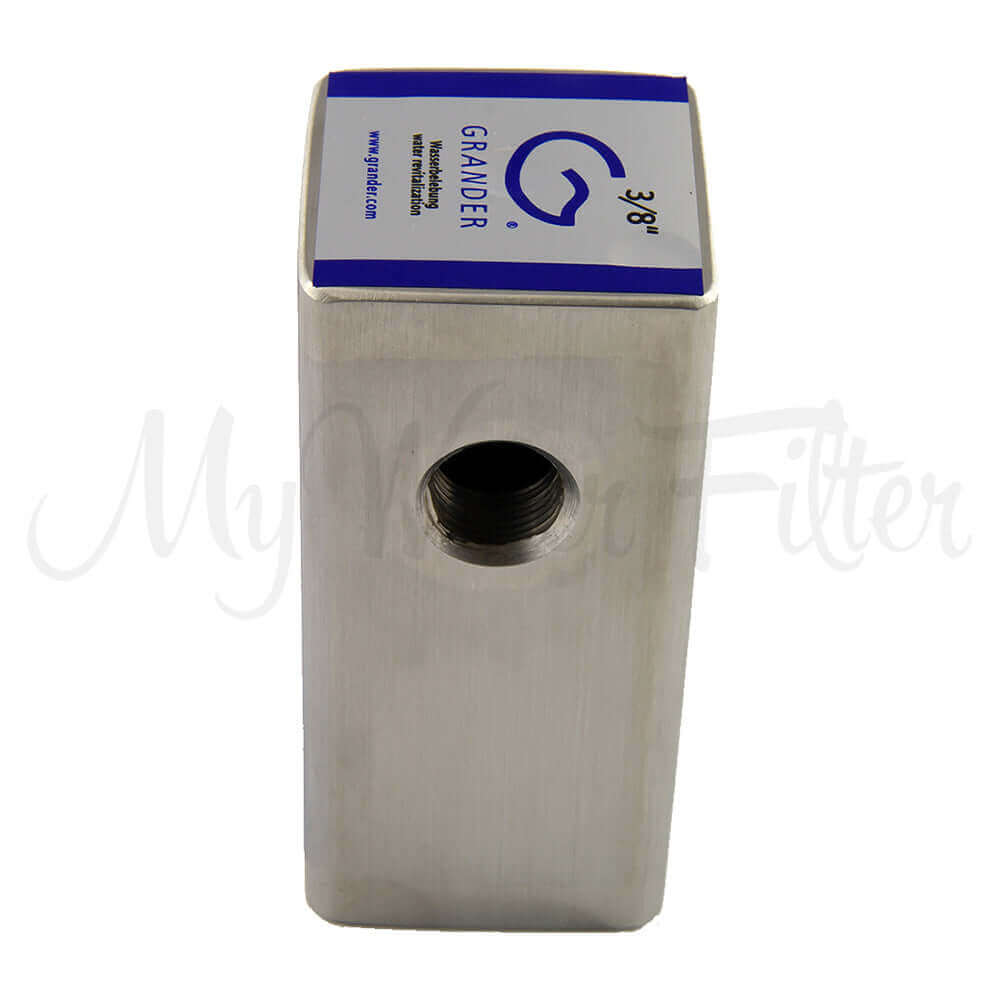Rectangular metal water filter with a threaded opening featuring the blue