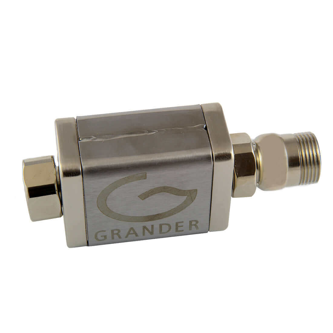 Metallic Grander Flexible Unit with a cylindrical connector at each end and an engraved