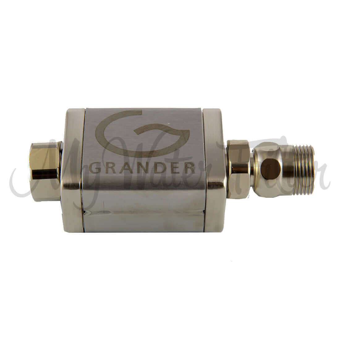 The Grander Revitalised Shower is a product by Grander, designed as a metallic device for water revitalization, featuring flexible units on both ends.