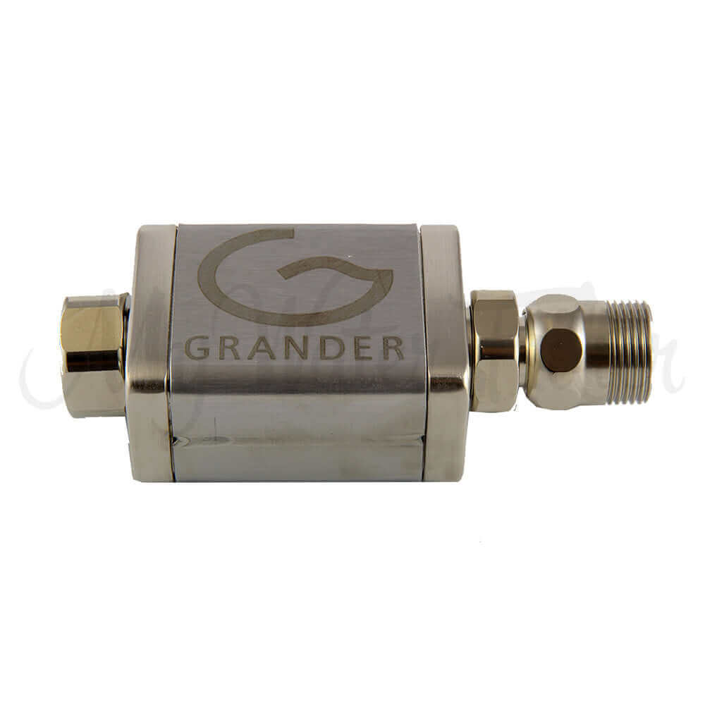Grander Flexible Unit metallic water revitalizer with "Grander" logo and connectors on both ends.