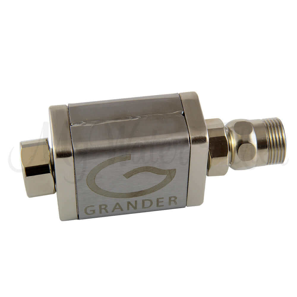 Rectangular metal Grander Flexible Unit with engraved logo, featuring threaded connections on both ends.