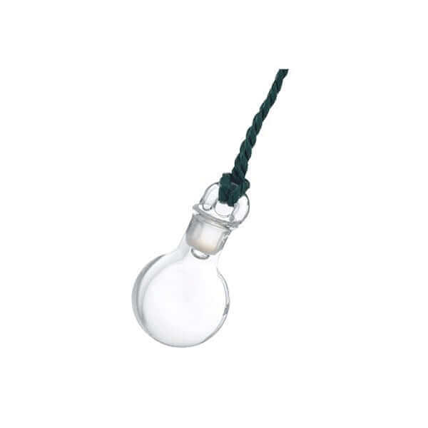 A small, round glass Grander vial with a black twisted cord at the top from Grander Pendant.