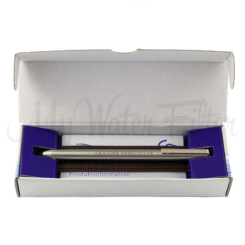 The Grander Penergizer features a metal pen in an open box with a blue interior.