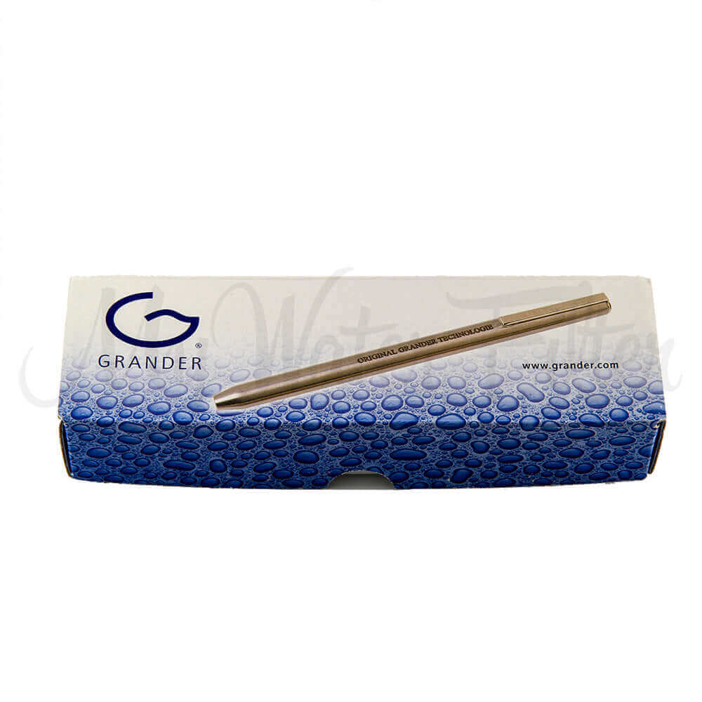 Blue and white box from Grander Penergizer with a Grander logo and a metallic pen on top.
