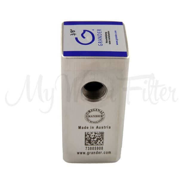 Rectangular Grander 10mm Unit Under Sink System with a QR code, blue top, and front-side threaded hole.