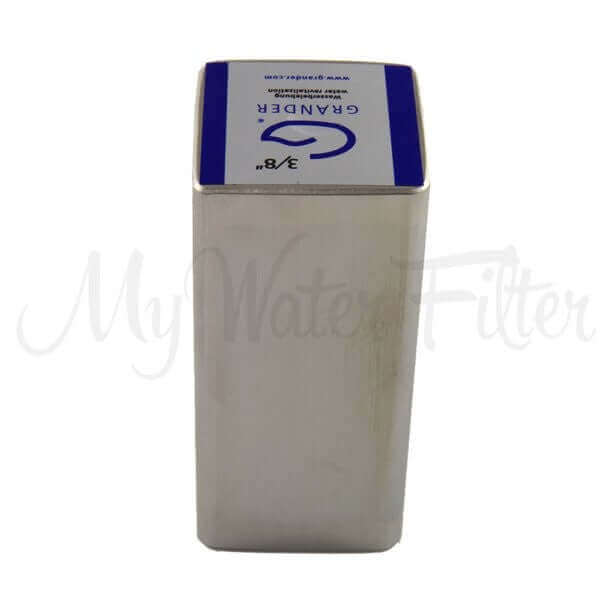 A Grander 10mm Unit Under Sink System, a rectangular silver metal water filter with a blue label on top.