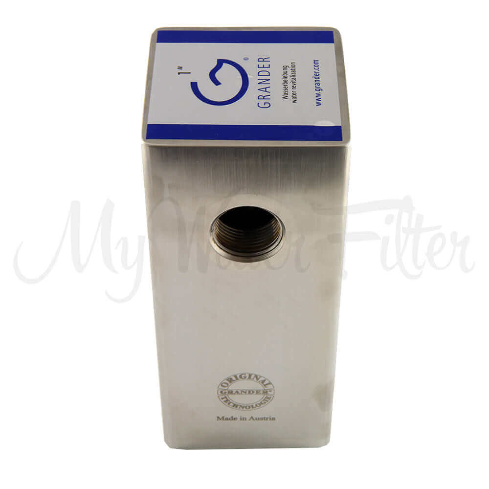 Grander Whole House System stainless steel water filter unit with a 1-inch opening.