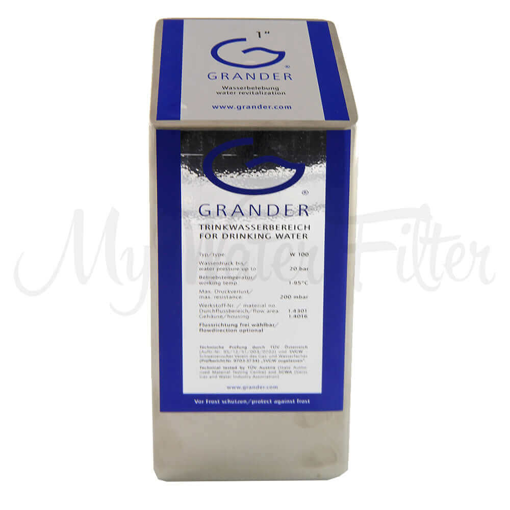 Metallic box of Grander Whole House System water revitalization unit with texts