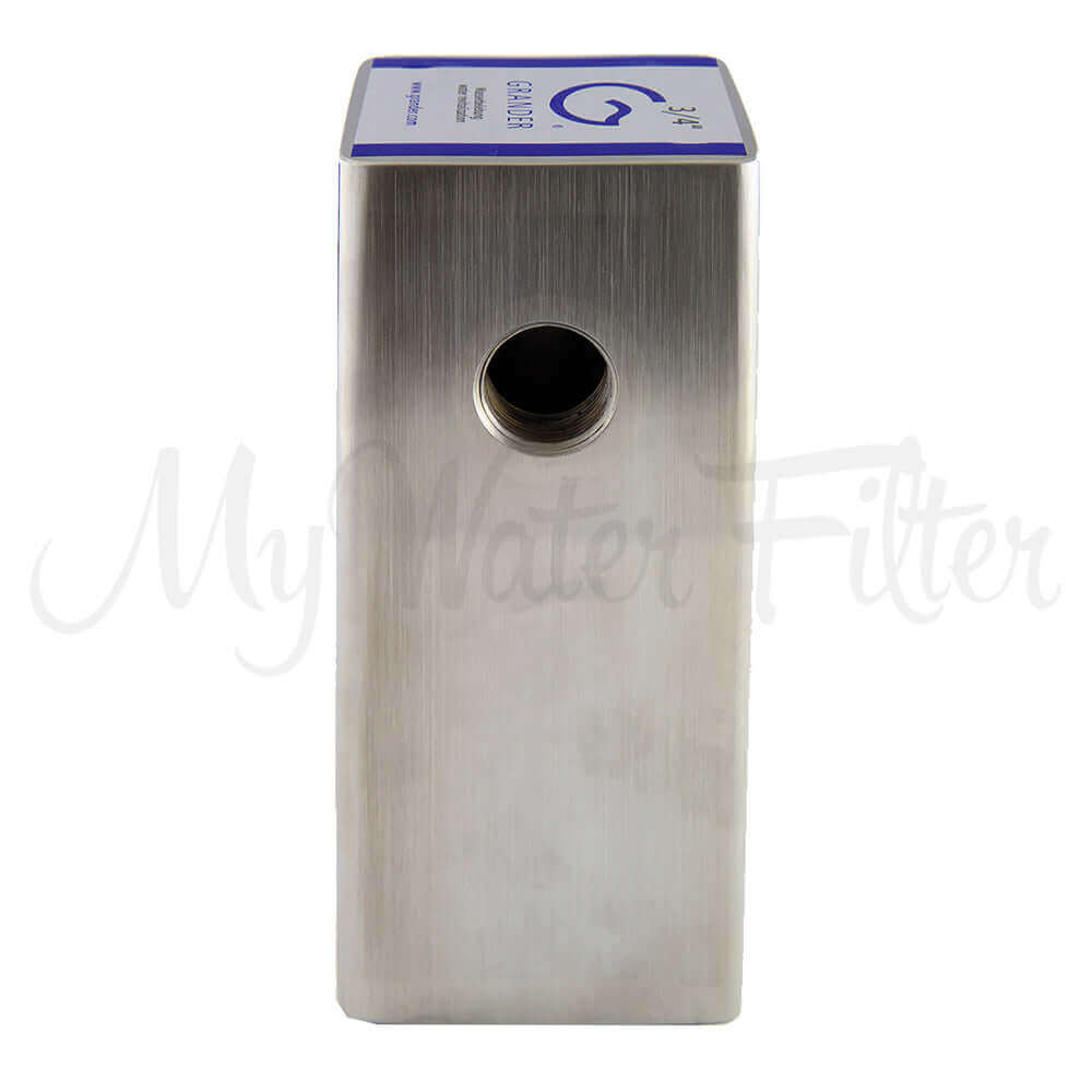 Grander Whole House System stainless steel filter housing features a circular inlet on side
