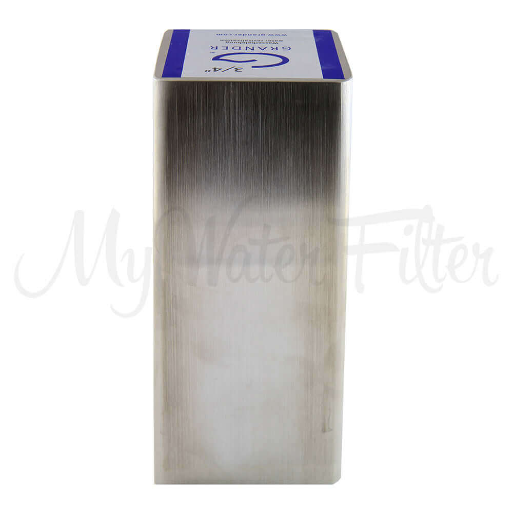 Silver, tall, rectangular Grander water filter cartridge from Grander Whole House System with a blue and white label on top.