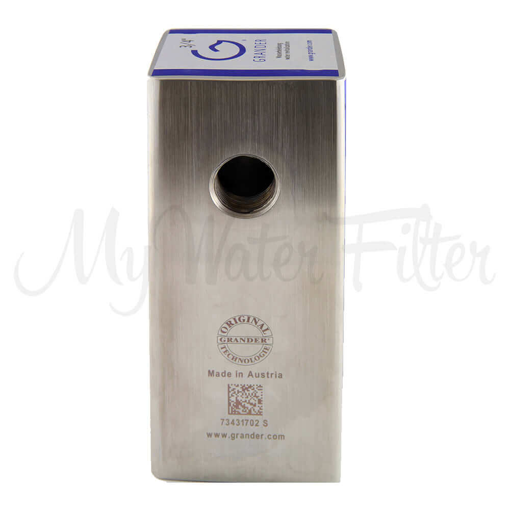 Rectangular metallic Grander water filter with a threaded opening and Grander Whole House System blue branding on top.