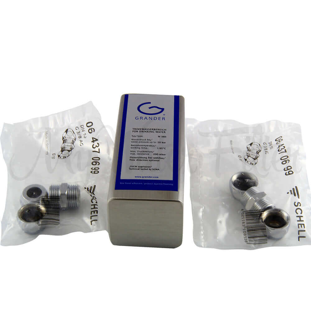 Grander Whole House System includes a water revitalization device and two installation kits in packaging.