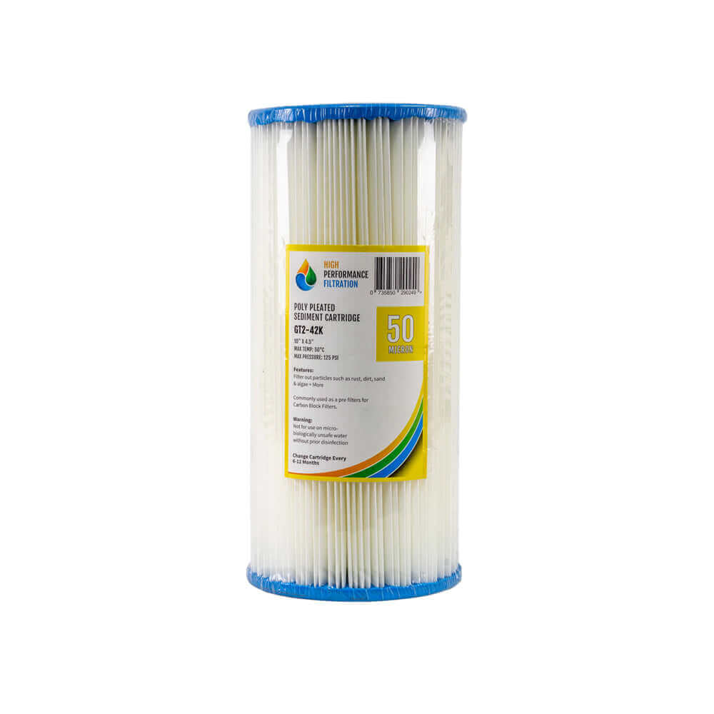 A white pleated sediment High Performance Filtration cartridge with blue ends
