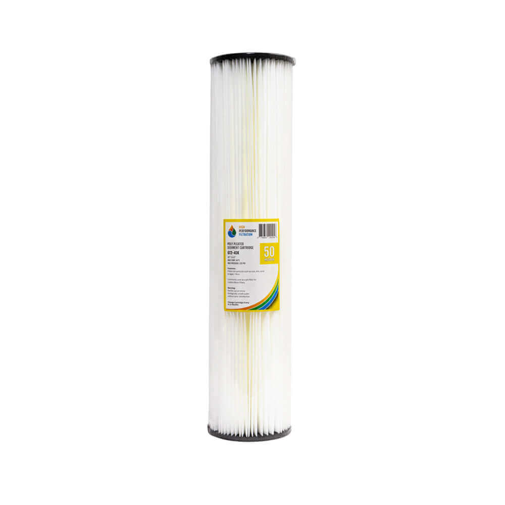 A tall, cylindrical cartridge for water filtration featuring white pleated material, presented in labeled packaging. It is the "HPF 50 Micron Pleated Sediment Whole House Water Filter Replacement Cartridge," part of the High Performance Filtration line and measures 20" x 4.5".