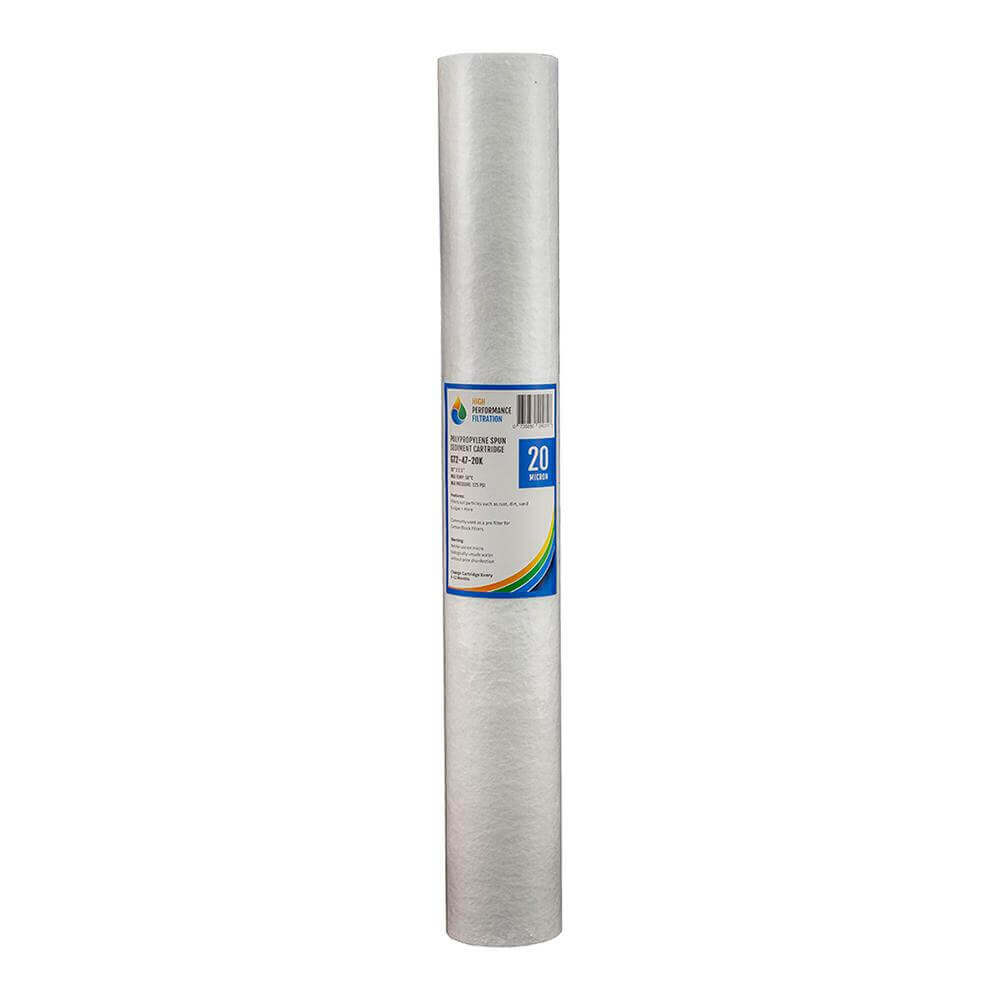 A white HPF Polyspun Sediment Whole House Water Filter Replacement Cartridge 20