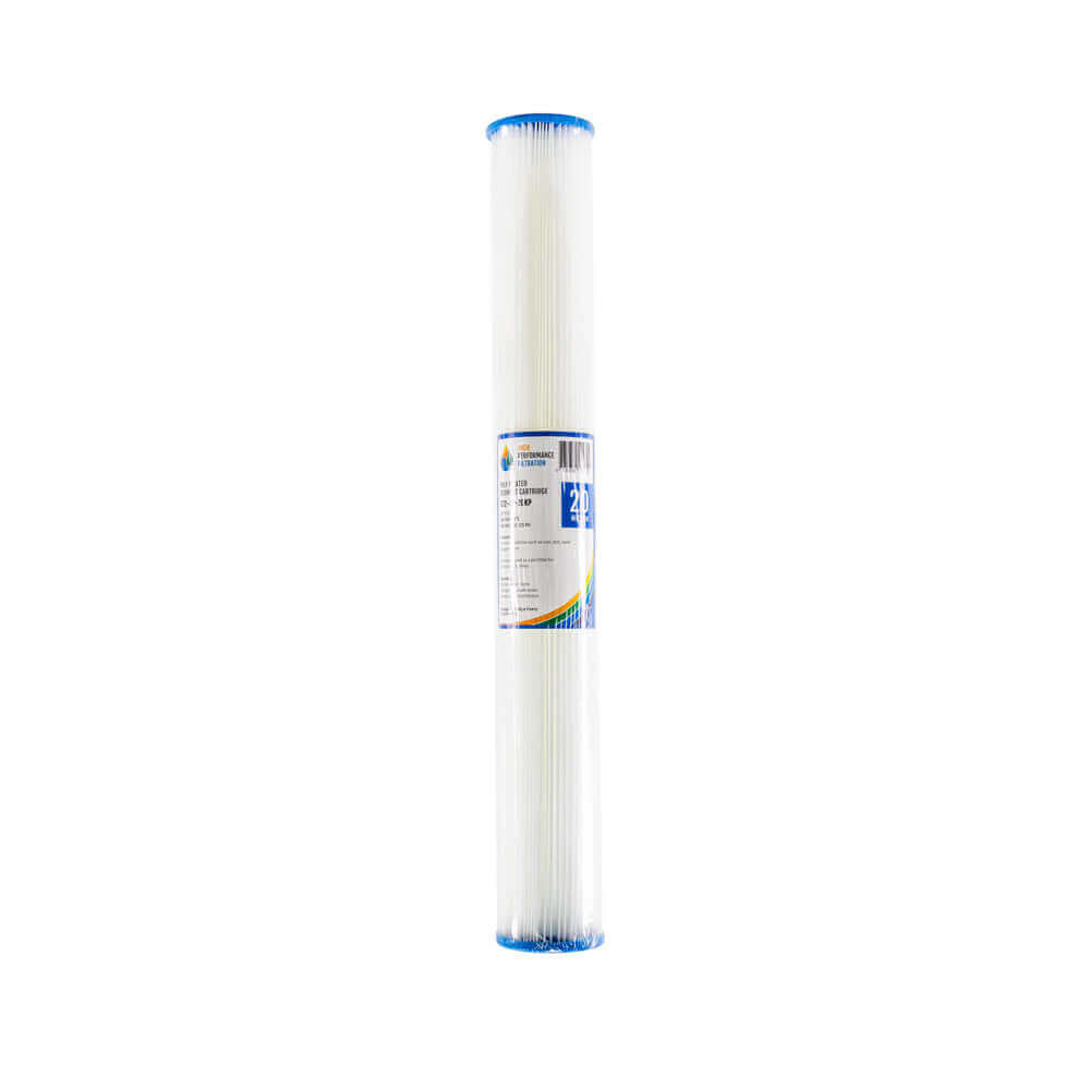 The HPF Pleated Sediment Whole House Water Filter Replacement Cartridge 20" x 2.5", named High Performance Filtration, is a white cylindrical filter with blue end caps.