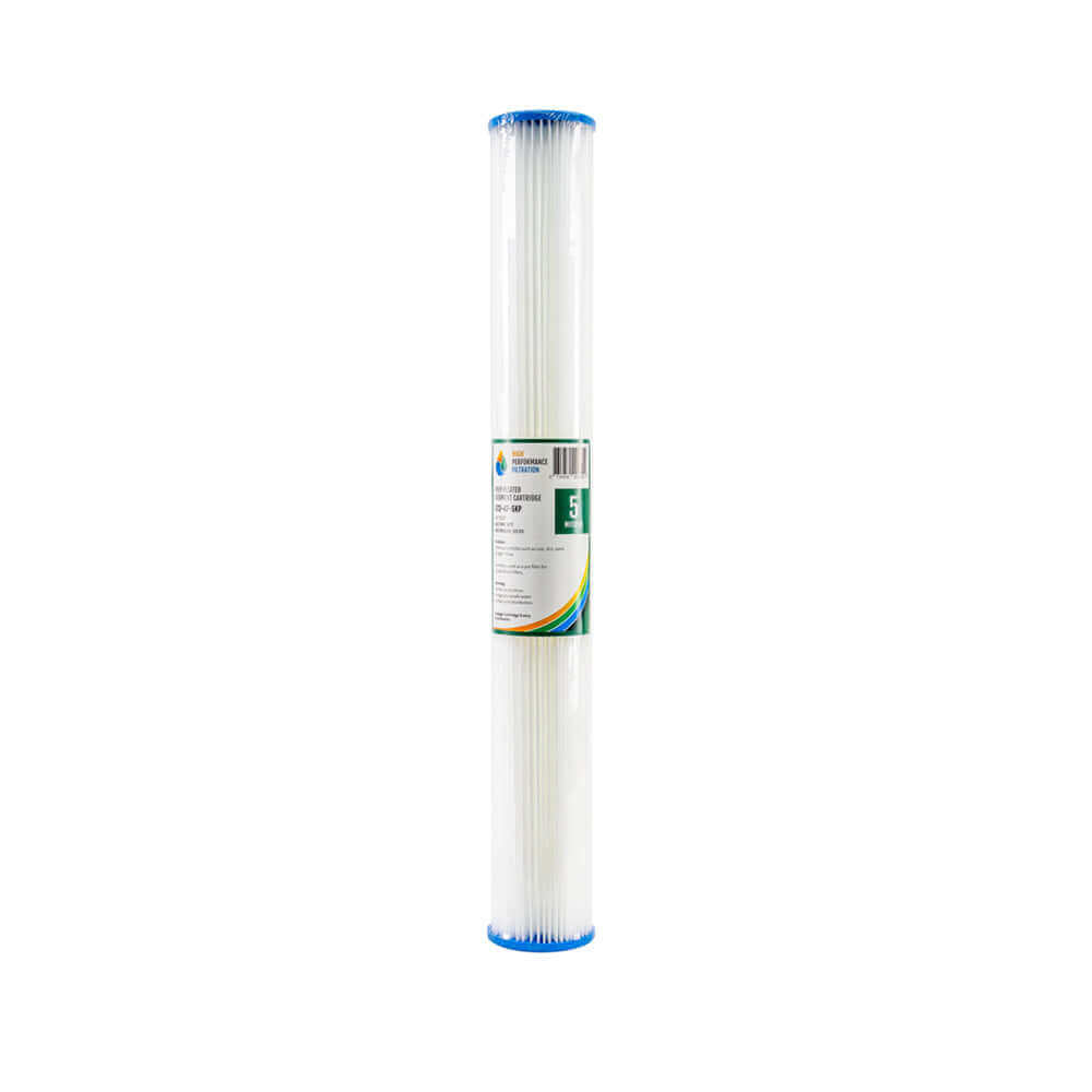 A High Performance Filtration cylindrical filter cartridge with blue ends and a label in the center from the HPF 5 Micron Pleated Sediment Whole House Water Filter Replacement Cartridge collection, measuring 20" x 2.5".