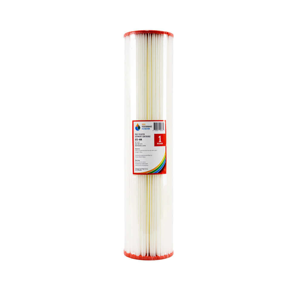 A High Performance Filtration cartridge by HPF features a white pleated filter with red caps on both ends and a label at the center. This is the Pleated Sediment Whole House Water Filter Replacement Cartridge, measuring 20