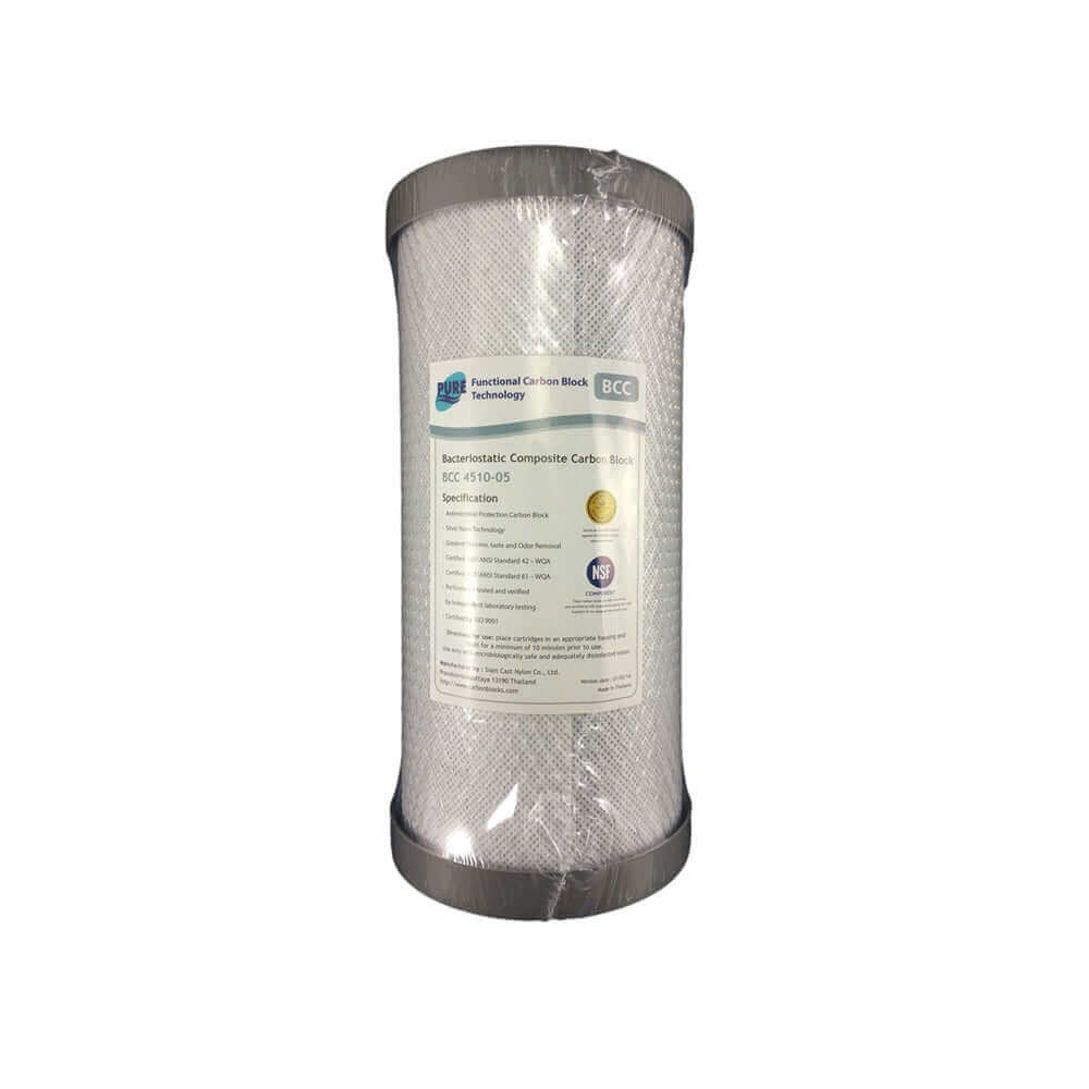 A cylindrical design, wrapped in plastic packaging featuring the Pure BCC 5 Micron Silver Impregnated Carbon Block Whole House Water Filter Replacement Cartridge, measuring 10" x 4.5".